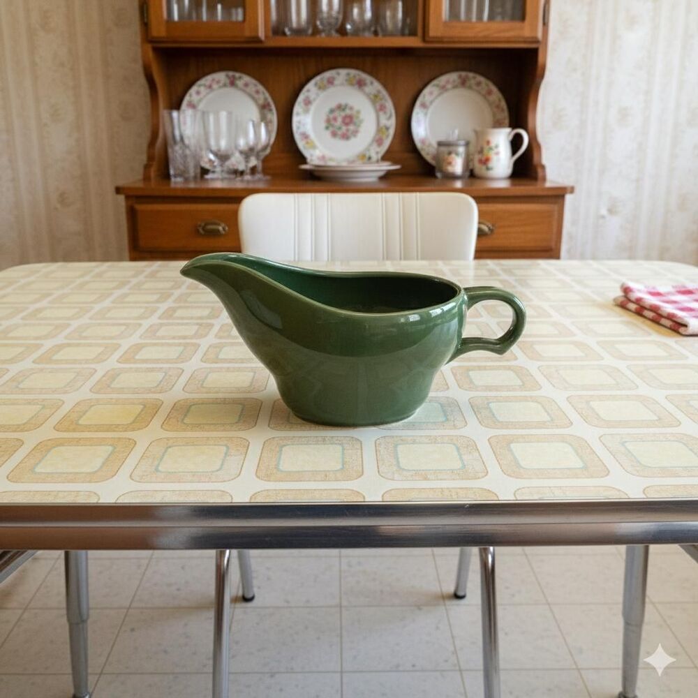 Vintage Green Ceramic Gravy Boat | Mid-Century Farmhouse Serving Dish